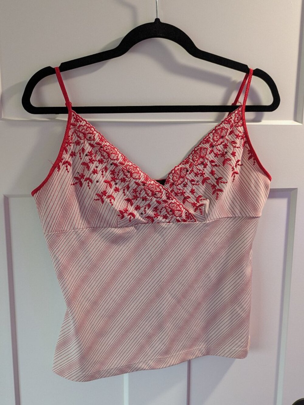 Vintage Express Y2K Cami Top Striped Embroidered Beaded Red White Babydoll